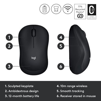 Logitech M185 Wireless Mouse, 2.4GHz with USB Mini Receiver, 12-Month Battery Life, 1000 DPI Optical Tracking, Ambidextrous PC/Mac/Laptop - Swift Gray